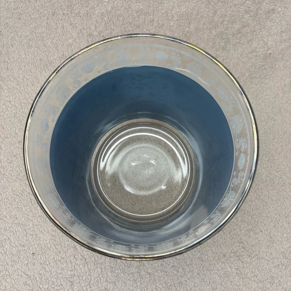 Vintage Jeanette Blue and White Wedgwood-Style Glass Ice Bucket with Brass Frame